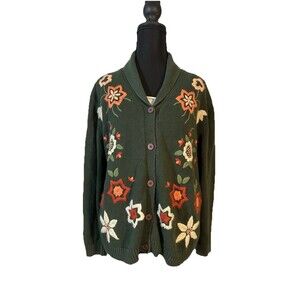 Stitches In time Green Floral Embroidered Cardigan Sz M Cottagecore Retro VTG